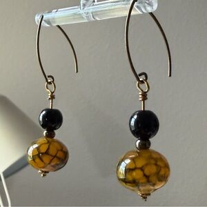 Handmade | Orange Dragon Vein/Fire Crackle Agate Gemstone Black Beads Earrings